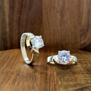 Sterling Silver & Gold Accent Engagement Solitaire Ring – Size 7 – Brand New 💍